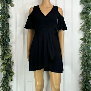 Mixology Black Ribbed Cold Shoulder Wrap Dress SMALL See You Smile